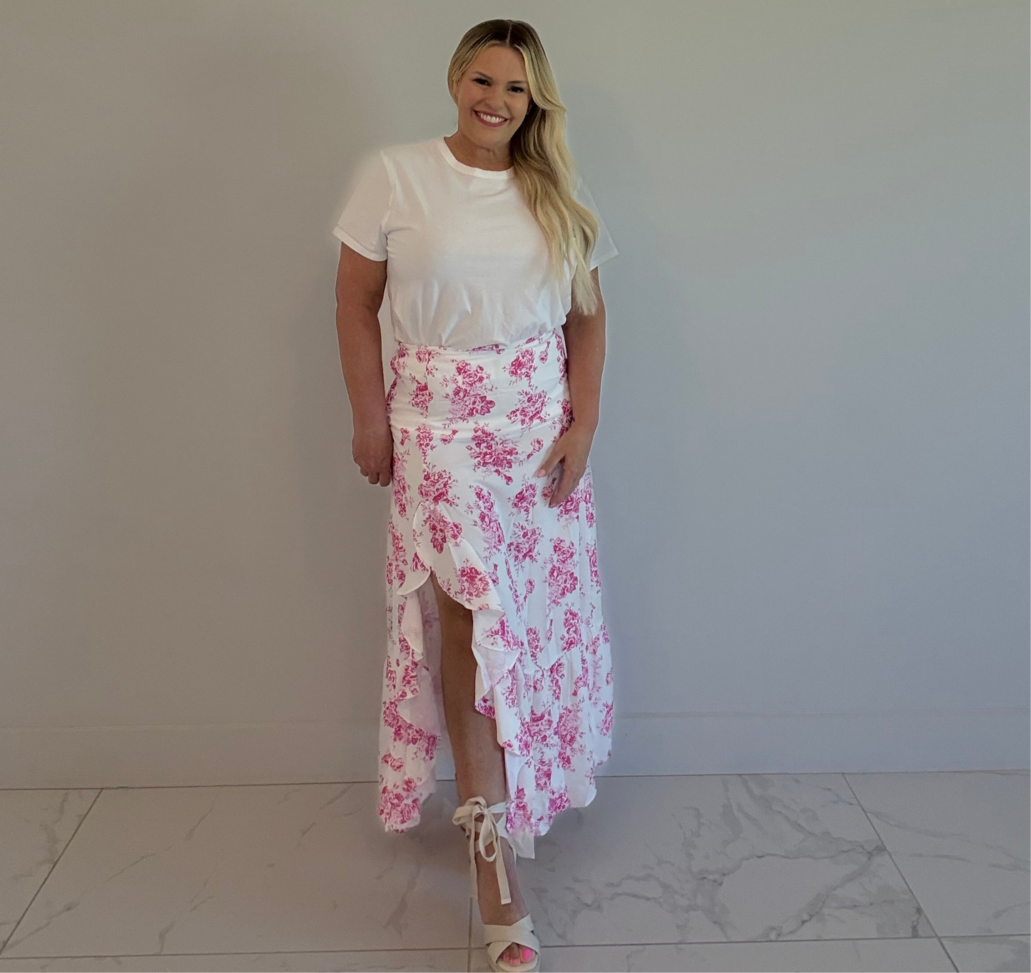 *NEW: Boho Pink & White Floral Maxi Skirt