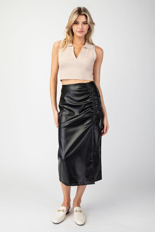 *NEW: Black Faux Leather Ruched Skirt