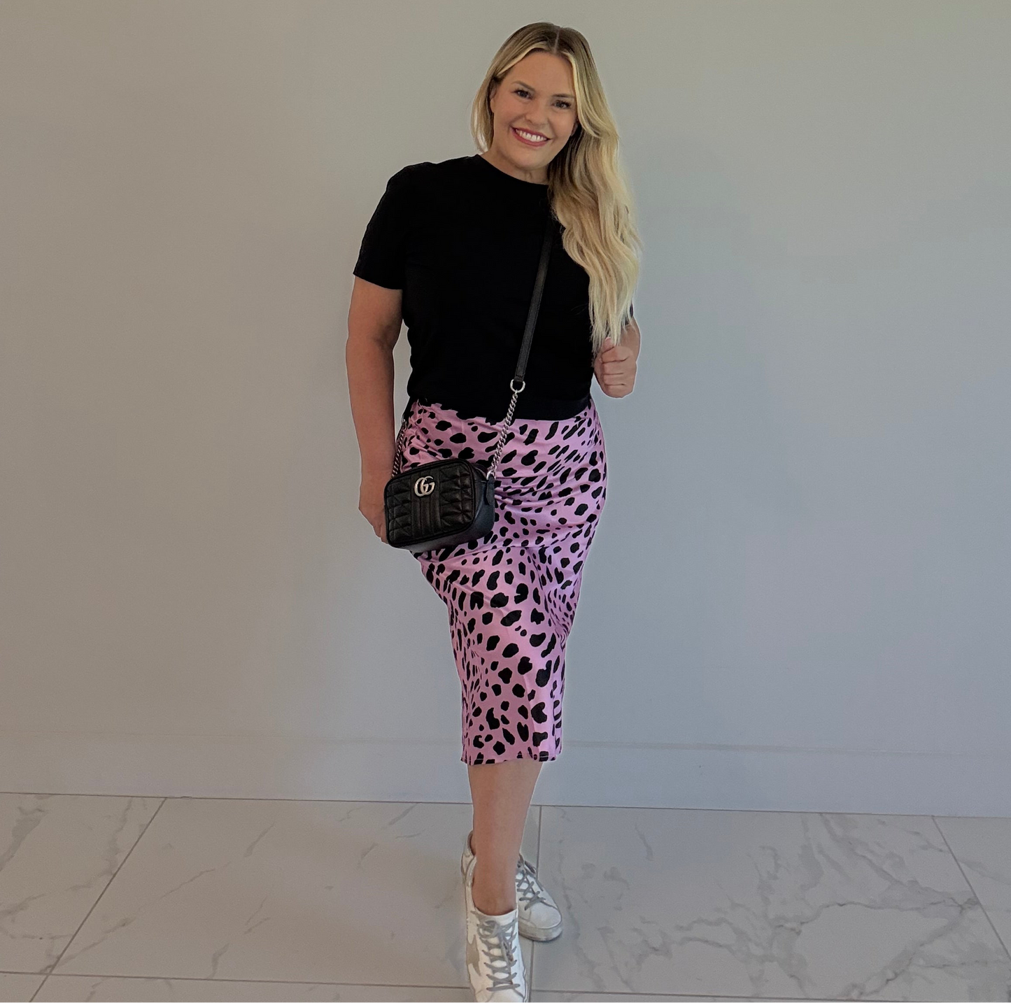 Pink Leopard Satin Midi Skirt