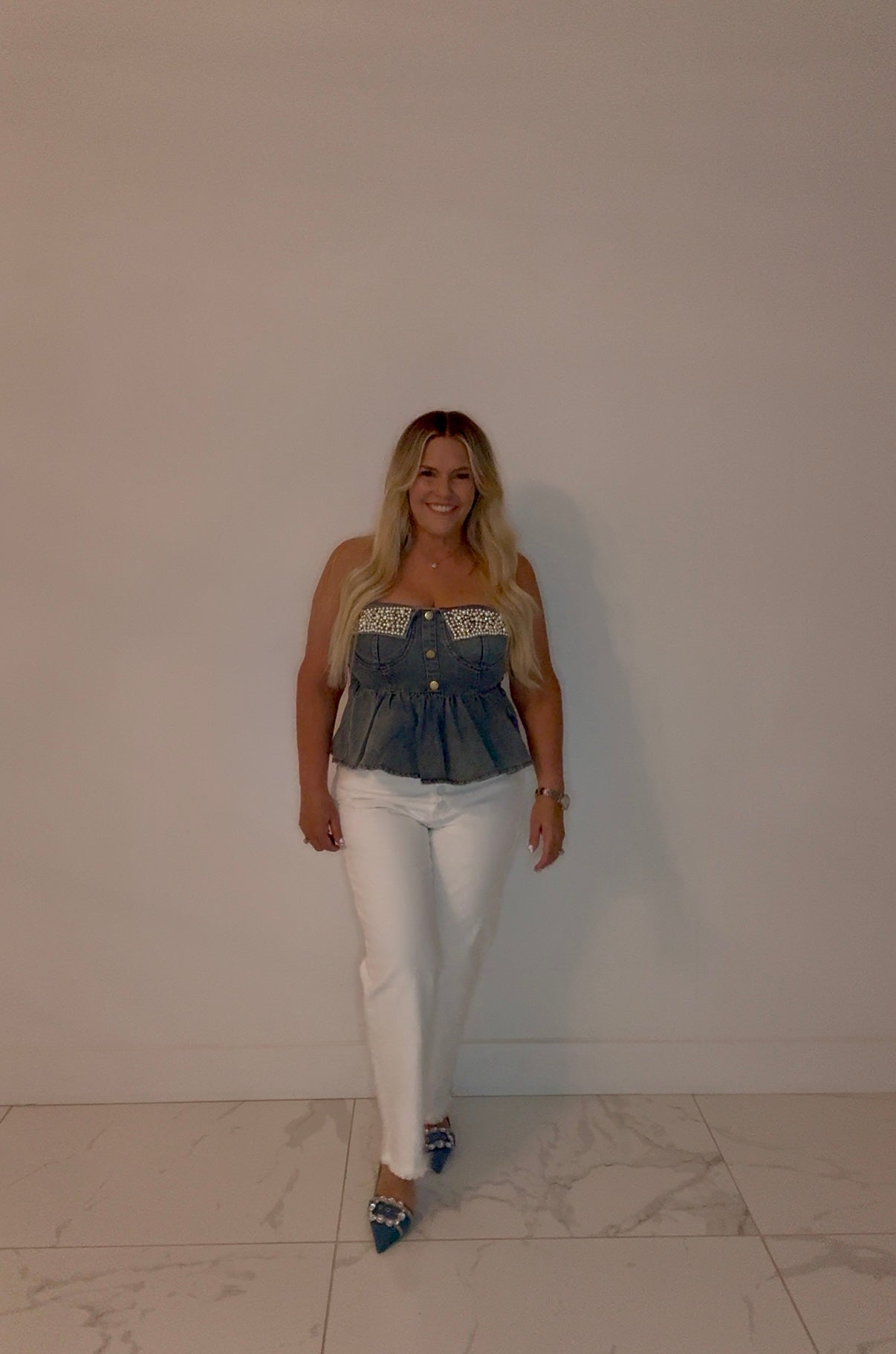 *NEW: Denim & Pearl Strapless Top