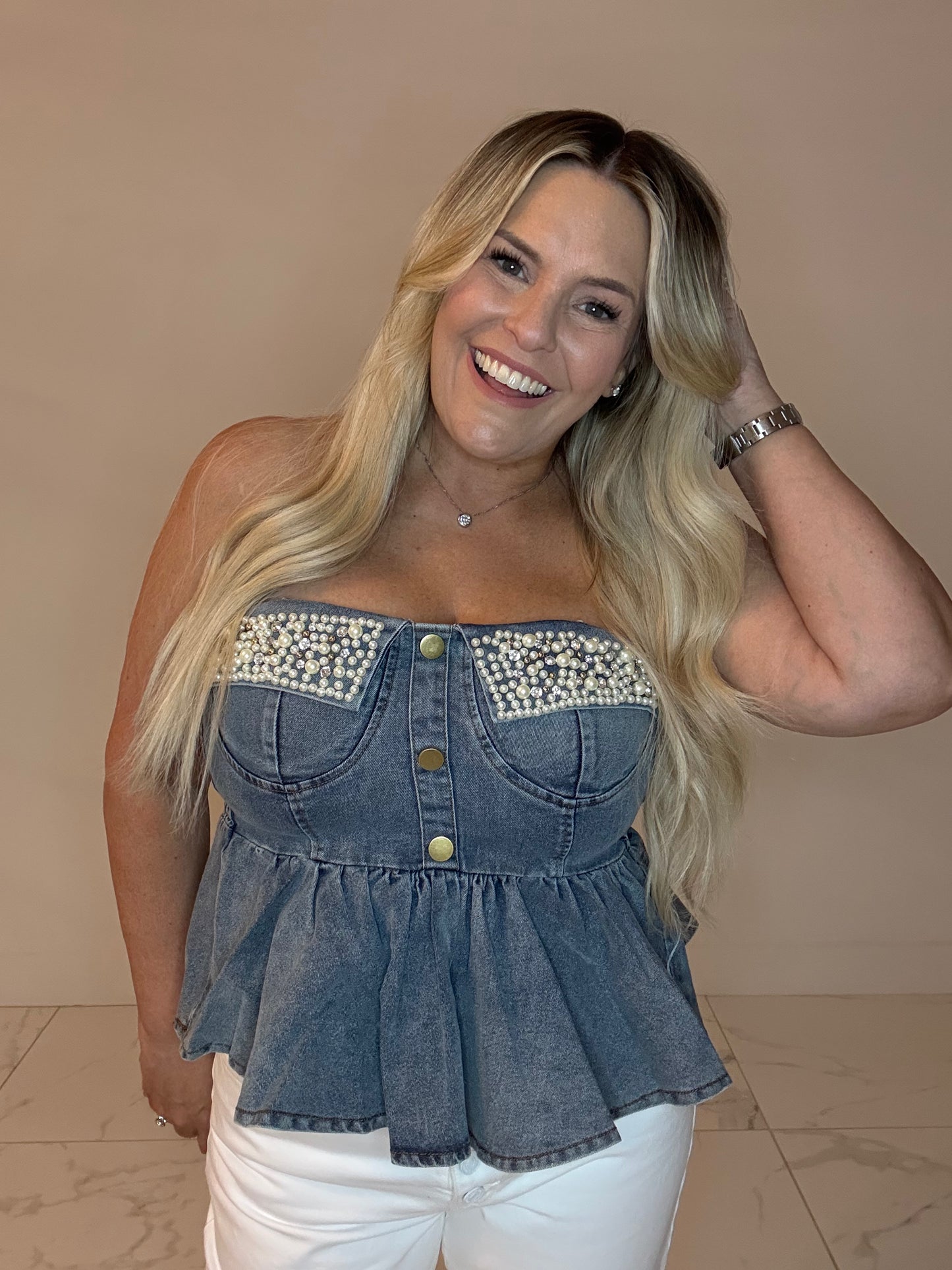*NEW: Denim & Pearl Strapless Top