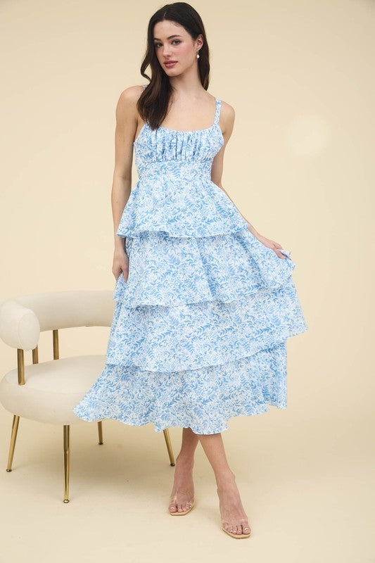 *NEW: Blue Floral Tiered Maxi Dress - Tie Back