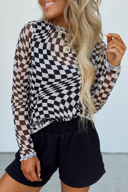 Black White Checkered Mesh Long Sleeve