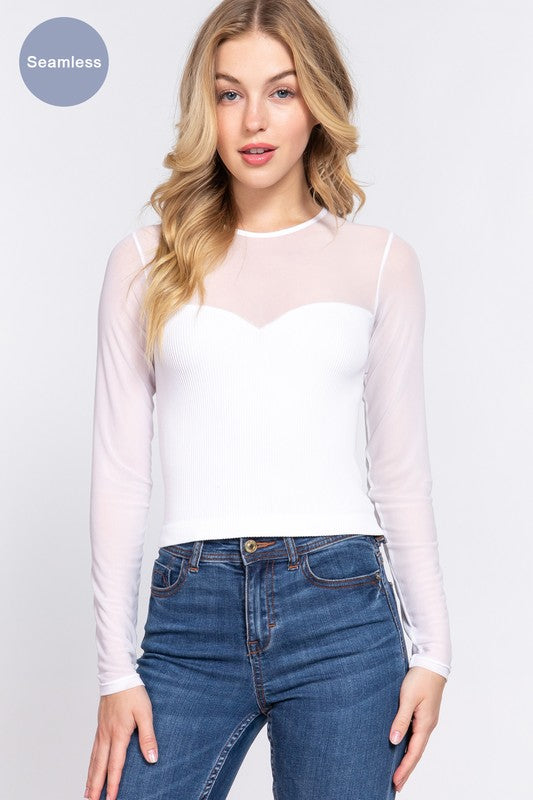 Long Sleeve Mesh Top - White