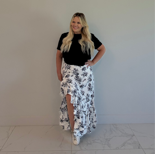 *NEW:  Boho Black & White Floral Maxi Skirt