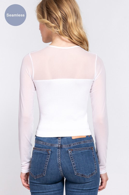 Long Sleeve Mesh Top - White