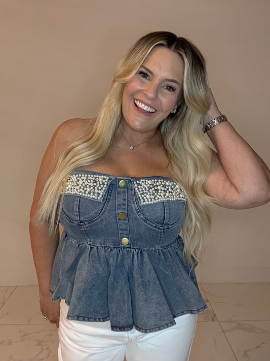 *NEW: Denim & Pearl Strapless Top